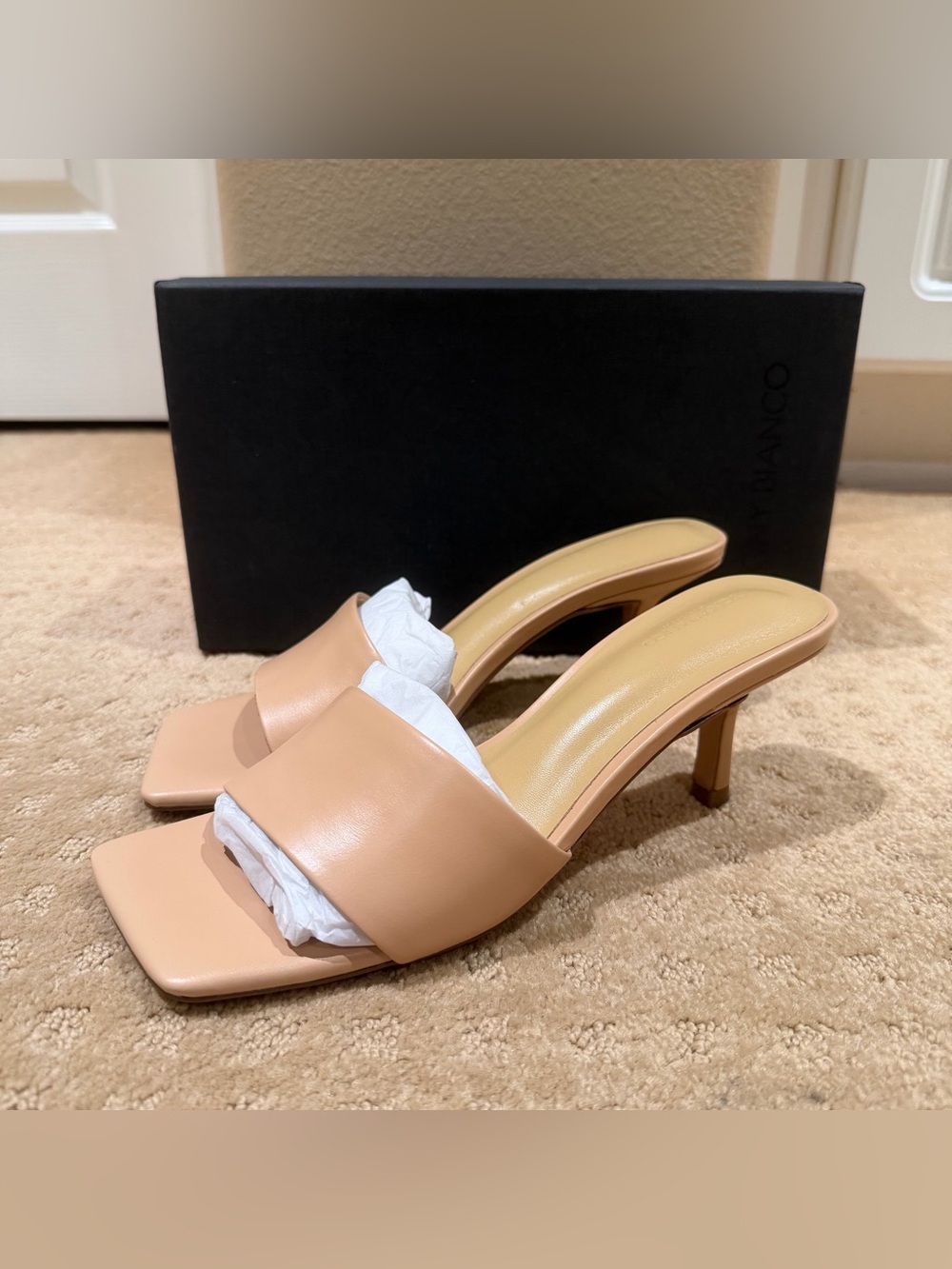 Tony Bianco Aaliyah square toe leather heels in color biscuit